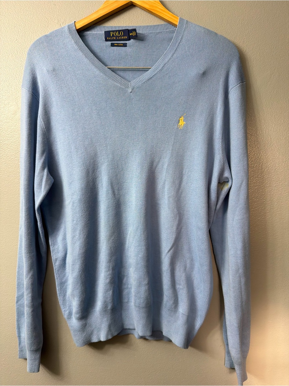 Polo by Ralph Lauren Men's Light Blue V-Neck Pima cotton Sweater medium